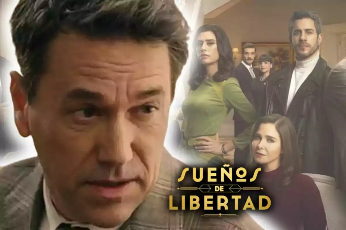 Primer pla d’Oriol Tarrasón al costat esquerre i al fons diversos personatges posant al costat del títol ‘Sueños de Libertad’.