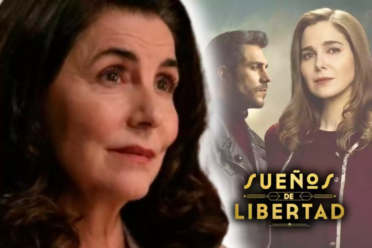 Close-up of Ana Fernández with a serious expression next to a promotional poster for the series 'Sueños de Libertad', featuring two other people and the title in golden letters.