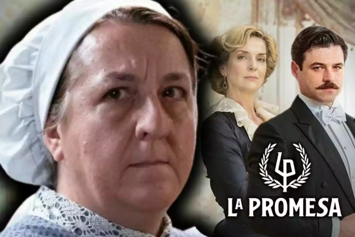 Tres personatges de la sèrie 'La Promesa' apareixen a la imatge: una dona amb còfia en primer pla, que és l'actriu Carmen Flores Sandoval, i dues persones elegantment vestides al fons al costat del logotip de la sèrie.