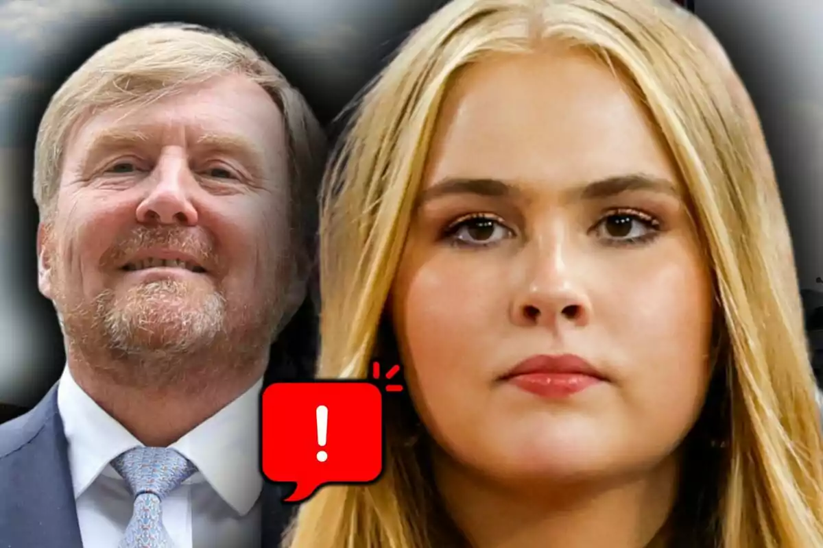 Close-up photo montage of Willem of the Netherlands and Amalia of the Netherlands with a red warning icon in front of them.
