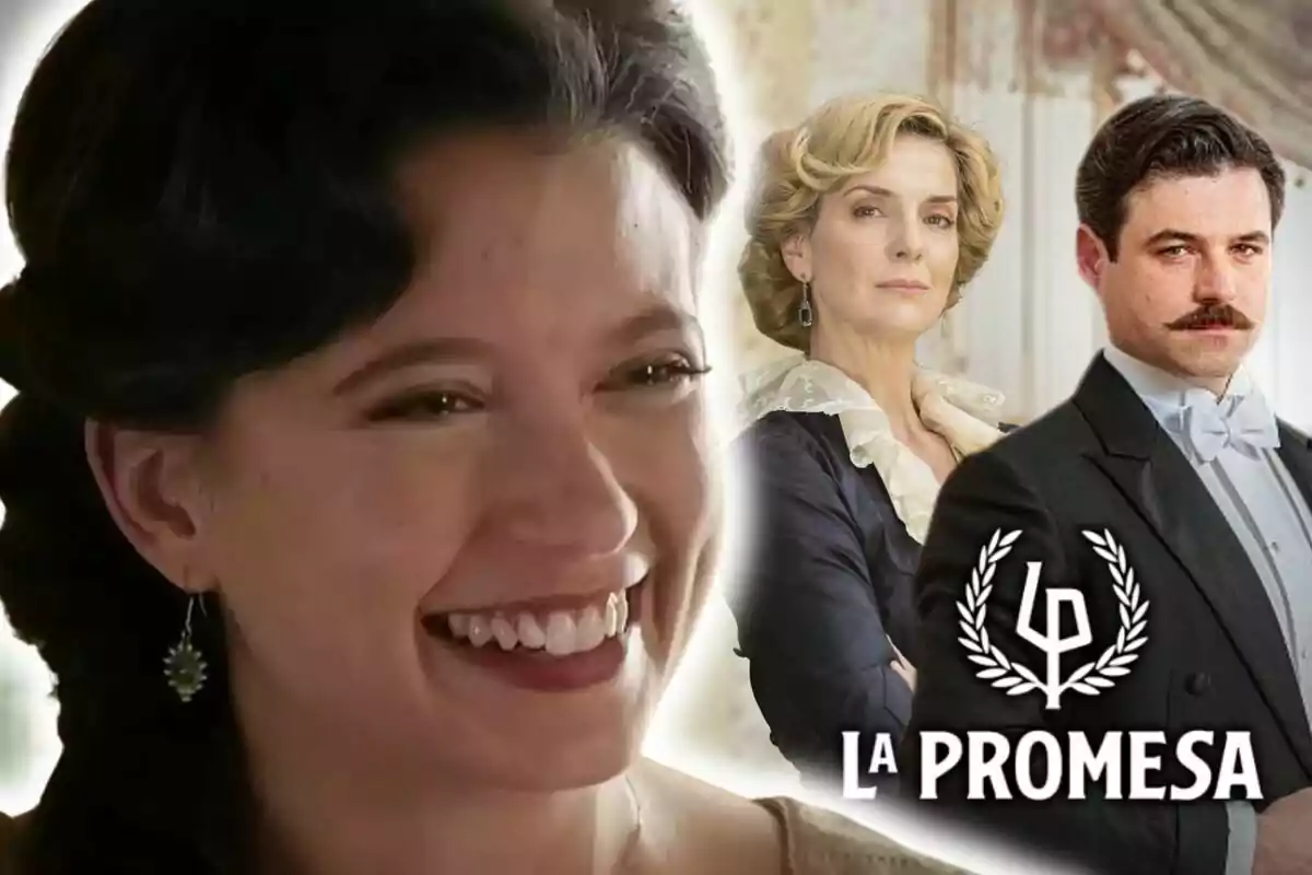 Amparo Piñero sonriente en primer plano y dos personas elegantes al fondo junto al logo de la serie 'La Promesa'.