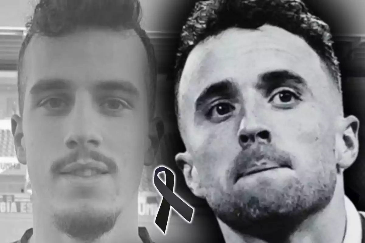 Two black-and-white portraits of Diogo Jota and his brother with serious expressions and a black ribbon in the center, a symbol of mourning.