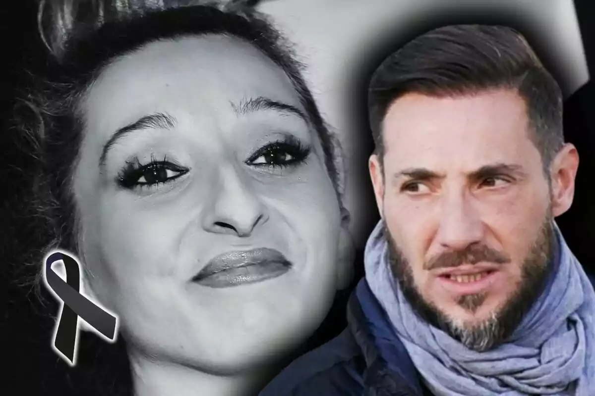 Montaje de Michu en blanco y negro con un crespón negro en señal de luto y Antonio David Flores con bufanda mirando hacia un lado.