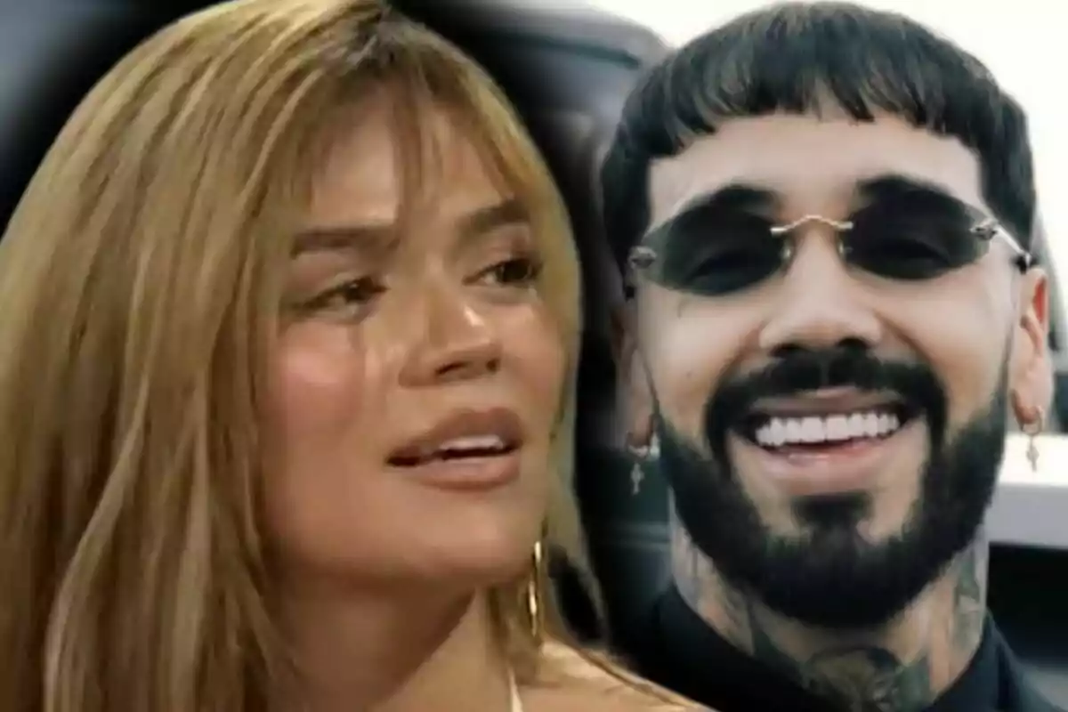 Montaje de fotos de Karol G mientras mira hacia la derecha mientras Anuel AA con barba, gafas oscuras y tatuajes sonríe al fondo.