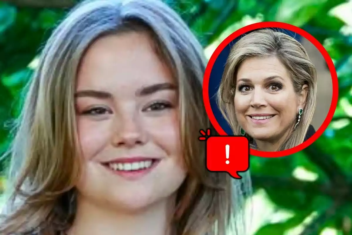 Ariane of the Netherlands smiling in the foreground with a red box showing the face of Máxima of the Netherlands and an exclamation icon over a background of green leaves.