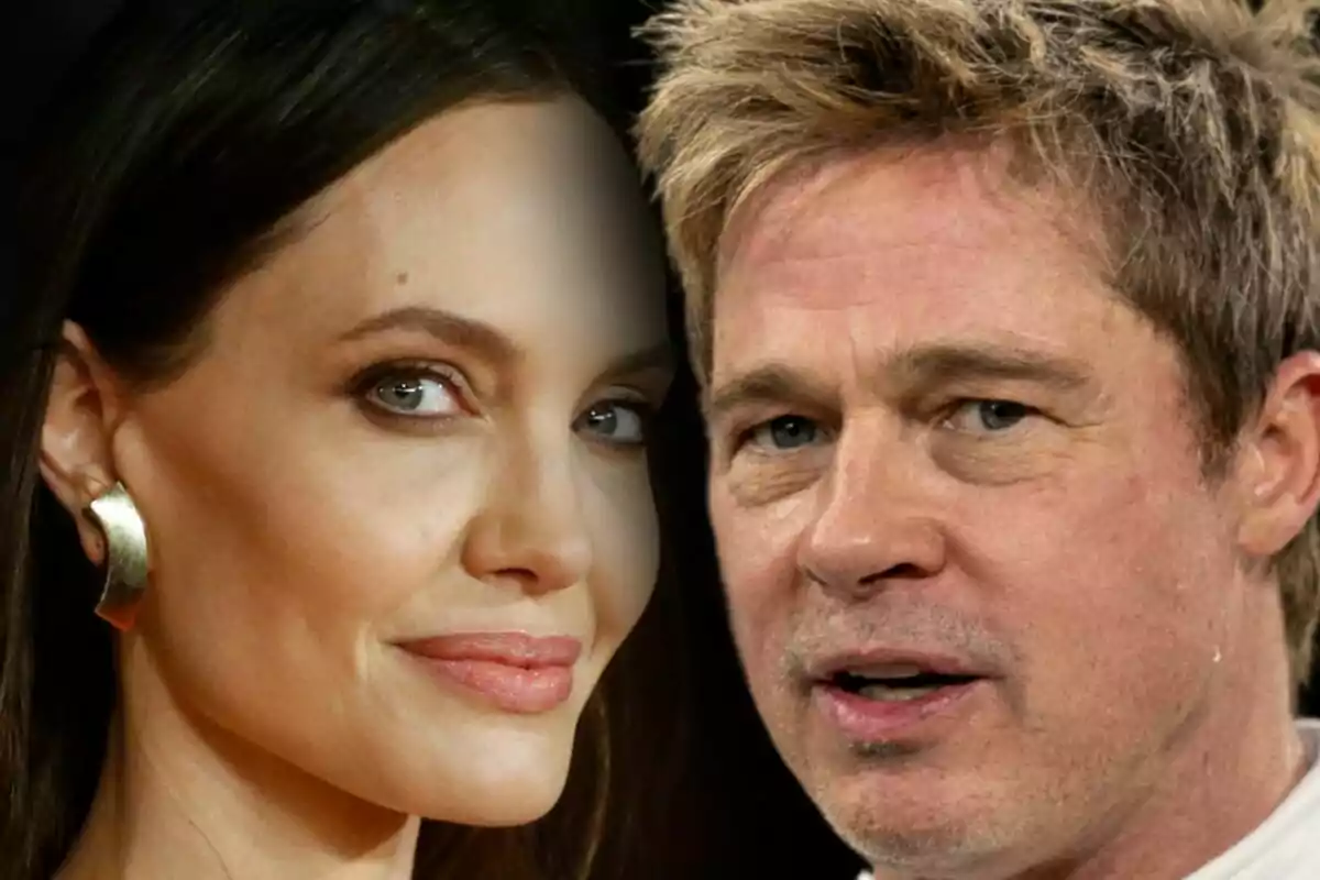 Close-up photo montage of Brad Pitt and Angelina Jolie, both with neutral expressions. Close-up photo montage of Brad Pitt and Angelina Jolie, both with neutral expressions.