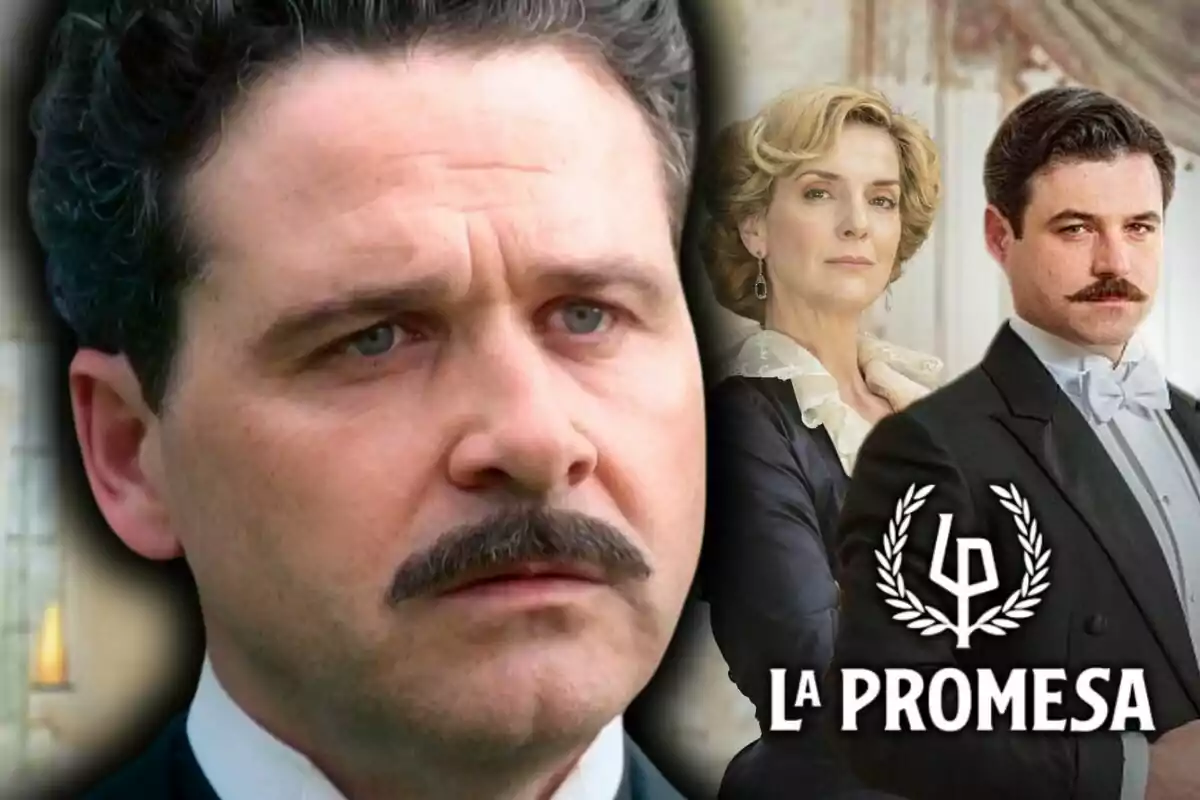 Primer pla de l’actor Carlos de Austria amb bigoti i expressió seriosa al costat d’una dona i un altre home elegantment vestits amb el logotip i el text ‘La Promesa’.