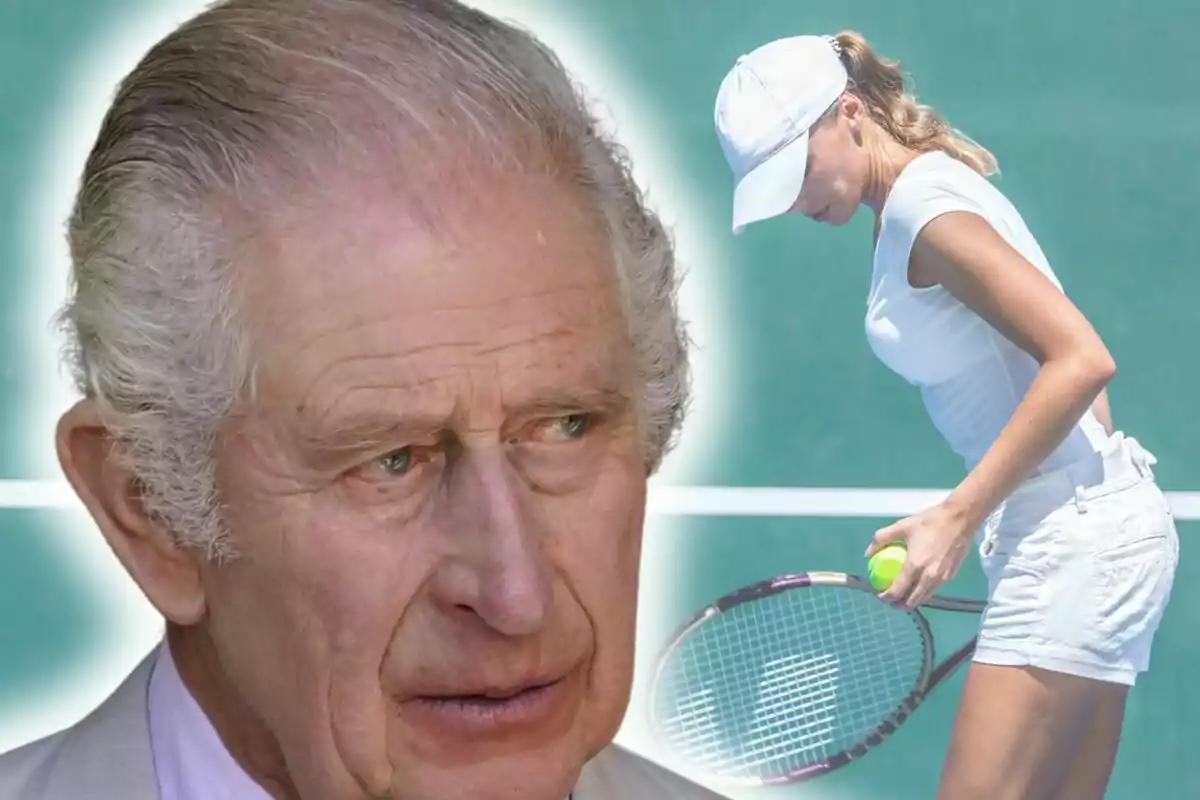 Photo montage of King Charles III in close-up with a serious expression, and in the background a woman dressed in white getting ready to play tennis. Photo montage of King Charles III in close-up with a serious expression, and in the background a woman dressed in white getting ready to play tennis.