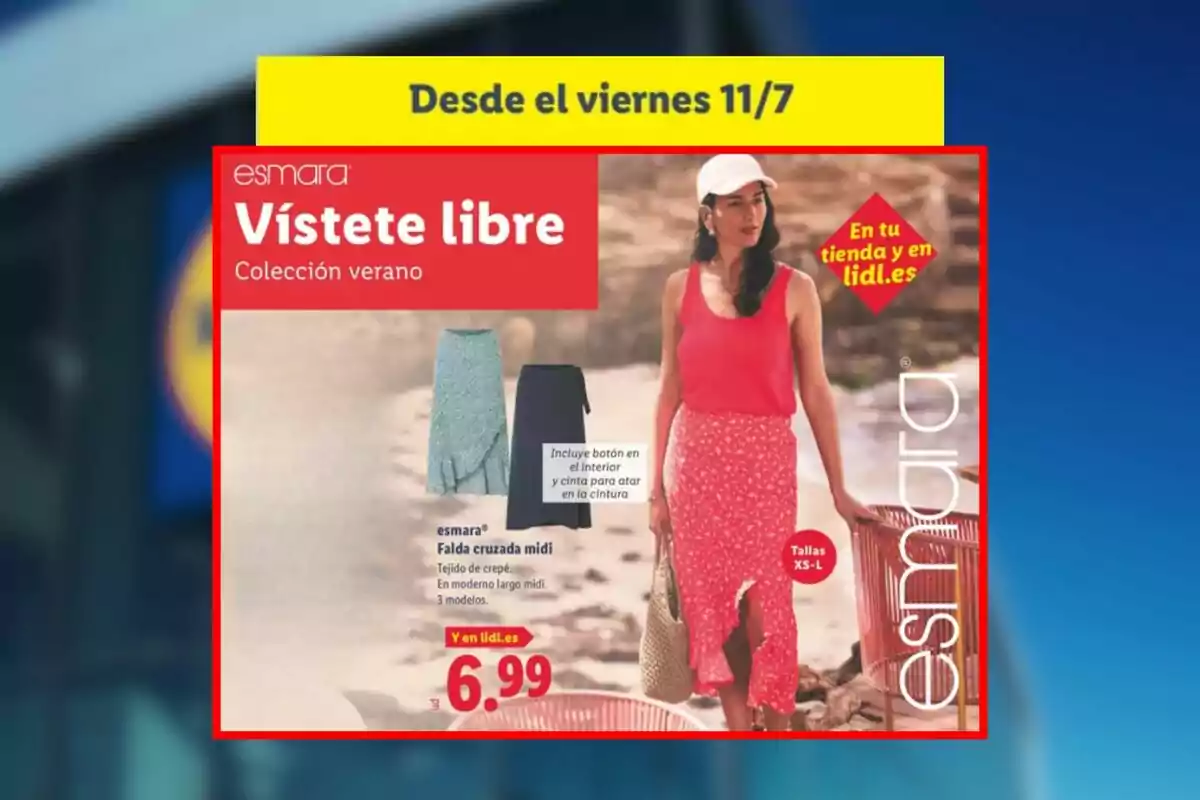 Promoció de faldilles creuades midi de la col·lecció d’estiu Esmara a Lidl, disponible des de divendres 11 de juliol, amb una model portant una faldilla vermella i top de tirants, preu 6,99 euros, talles XS a L. Promoció de faldilles creuades midi de la col·lecció d’estiu Esmara a Lidl, disponible des de divendres 11 de juliol, amb una model portant una faldilla vermella i top de tirants, preu 6,99 euros, talles XS a L.