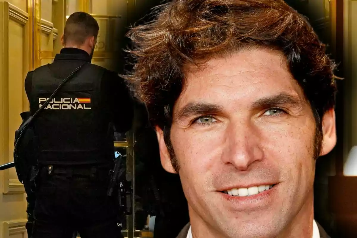 Un agent de la policia nacional d’esquena i, en primer pla, el rostre de Cayetano Rivera somrient. Un agent de la policia nacional d’esquena i, en primer pla, el rostre de Cayetano Rivera somrient.