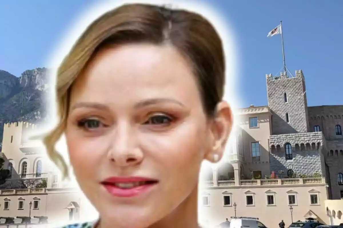 Close-up photo montage of Charlene of Monaco with the Monaco palace in the background.