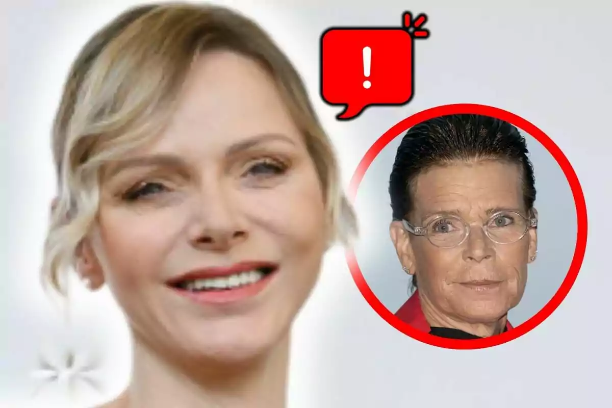 Dues dones apareixen a la imatge, una en primer pla somrient que és la Charlene de Mònaco i una altra en un cercle vermell amb una icona d’exclamació en un globus de diàleg, que és l’Estefania de Mònaco.