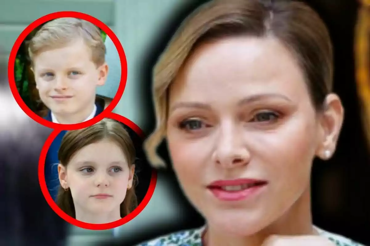 Close-up photo montage of Charlene of Monaco and her two children, Gabriella and Jacques, all with serious expressions.