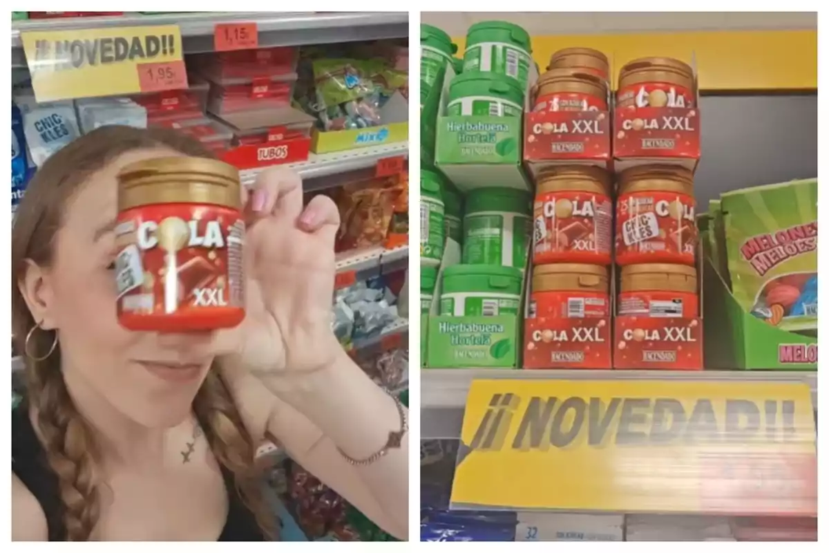 Persona sosteniendo un bote de caramelos de cola XXL en una tienda de Mercadona, junto a una estantería con varios botes del mismo producto y un cartel amarillo que dice Persona sosteniendo un bote de caramelos de cola XXL en una tienda de Mercadona, junto a una estantería con varios botes del mismo producto y un cartel amarillo que dice