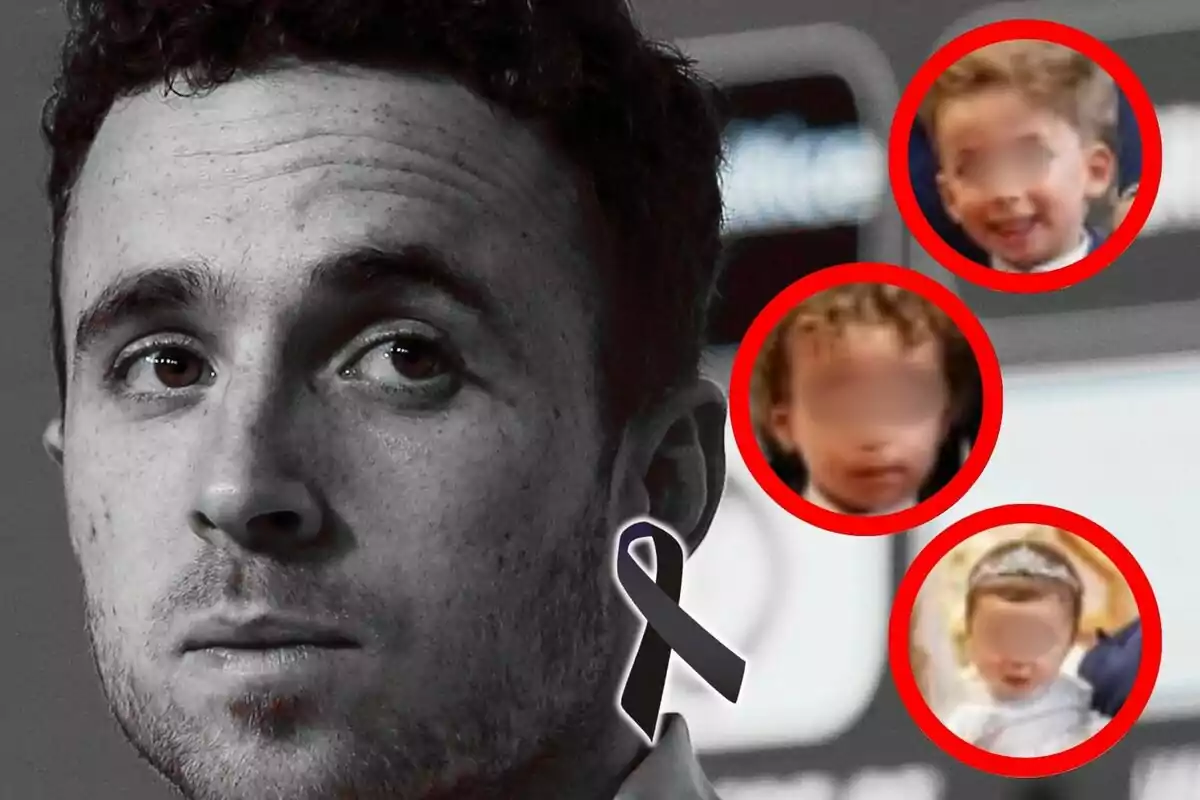 Diogo Jota con expresión seria en primer plano, lleva un moño negro en señal de luto y a la derecha aparecen tres retratos de niños con el rostro difuminado, que son sus tres hijos con Rute, dentro de círculos rojos.