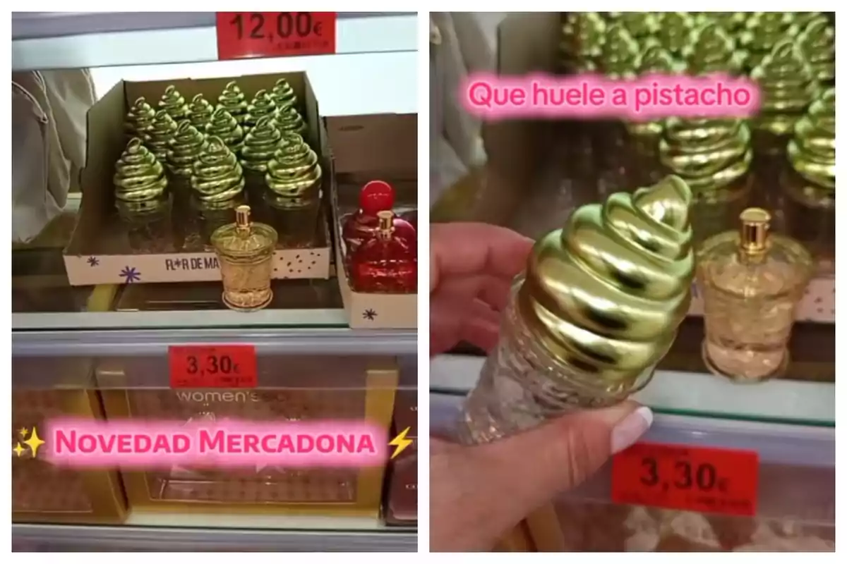 Perfum amb tapa daurada en forma d’espiral exposat en una prestatgeria de supermercat amb cartells que indiquen que és una novetat a Mercadona i que fa olor de festuc. Perfum amb tapa daurada en forma d’espiral exposat en una prestatgeria de supermercat amb cartells que indiquen que és una novetat a Mercadona i que fa olor de festuc.