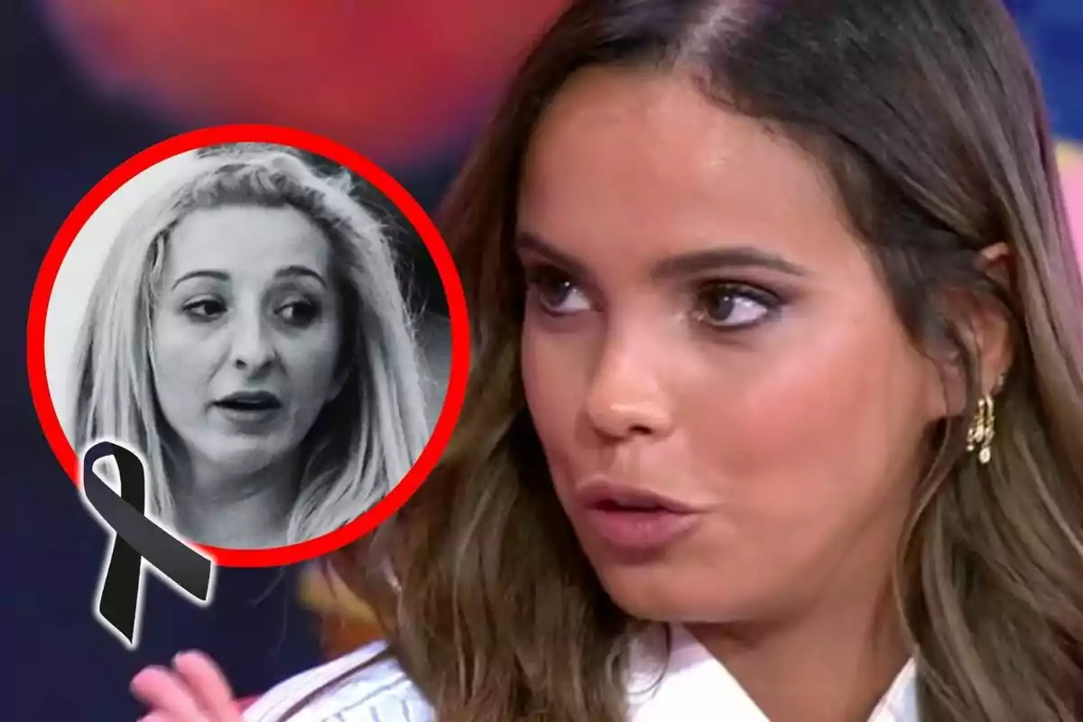 Muntatge de fotos de Gloria Camila Ortega en què apareix en primer pla mentre a la cantonada es mostra una imatge en blanc i negre d’una altra dona, que és la Michu, amb un llaç negre en senyal de dol.