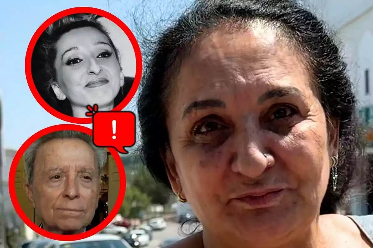 Inma, madre de Michu, aparece en primer plano con dos círculos rojos en la esquina superior izquierda que muestran los rostros de una mujer joven en blanco y negro, que es Michu, y un hombre mayor, que es José Ortega Cano, junto a un ícono de exclamación.