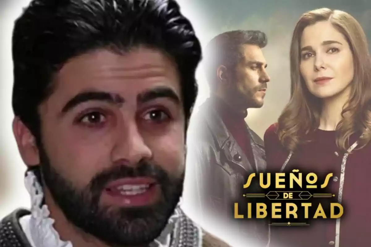 Primer pla de Jaime Gutiérrez amb rostre seriós a l'esquerra i a la dreta dues persones amb expressió seriosa al costat del títol 'Sueños de Libertad'.