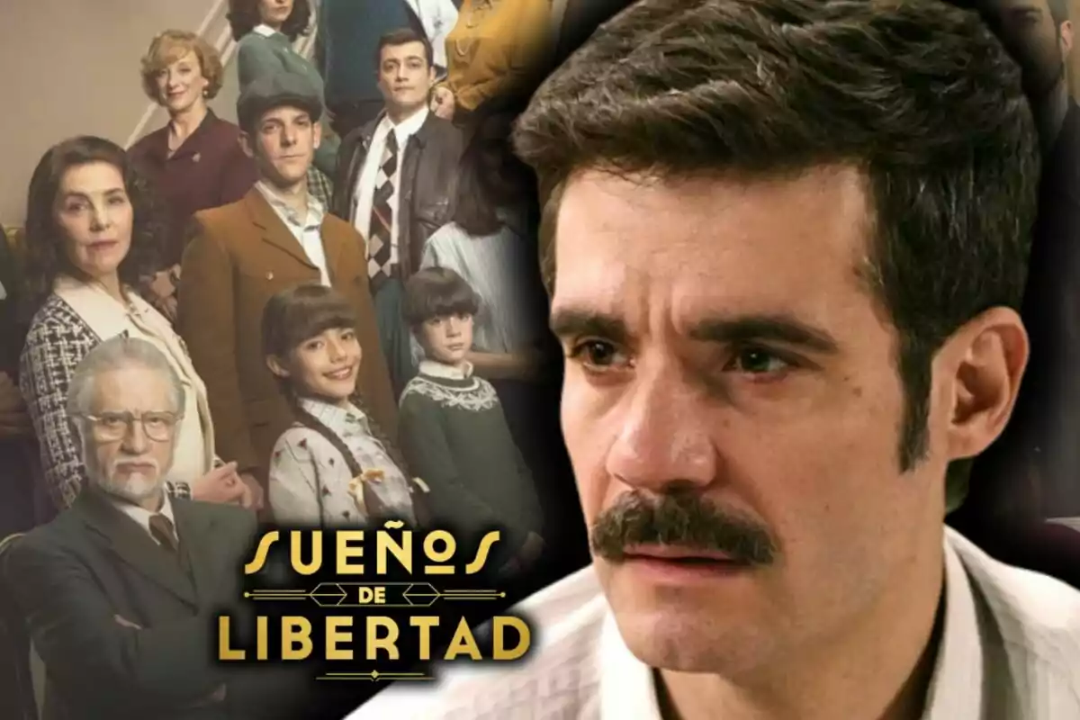 Javier Beltrán amb bigoti apareix en primer pla amb expressió seriosa, al fons es veu un grup de persones de diferents edats i el text 'Sueños de Libertad'.