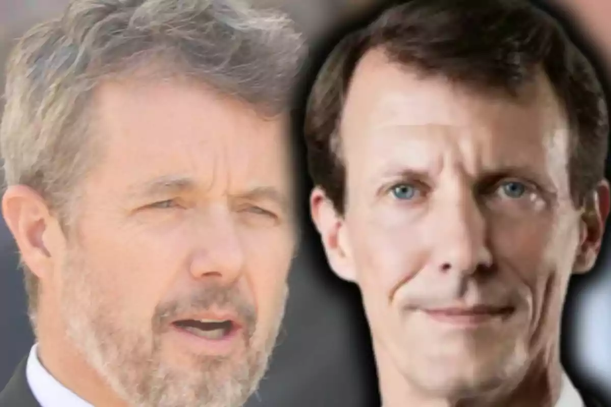 Dos hombres de mediana edad con cabello corto y barba, uno con expresión seria que es Federico de Dinamarca y el otro con expresión neutral que es Joaquín de Dinamarca, aparecen juntos en la imagen.