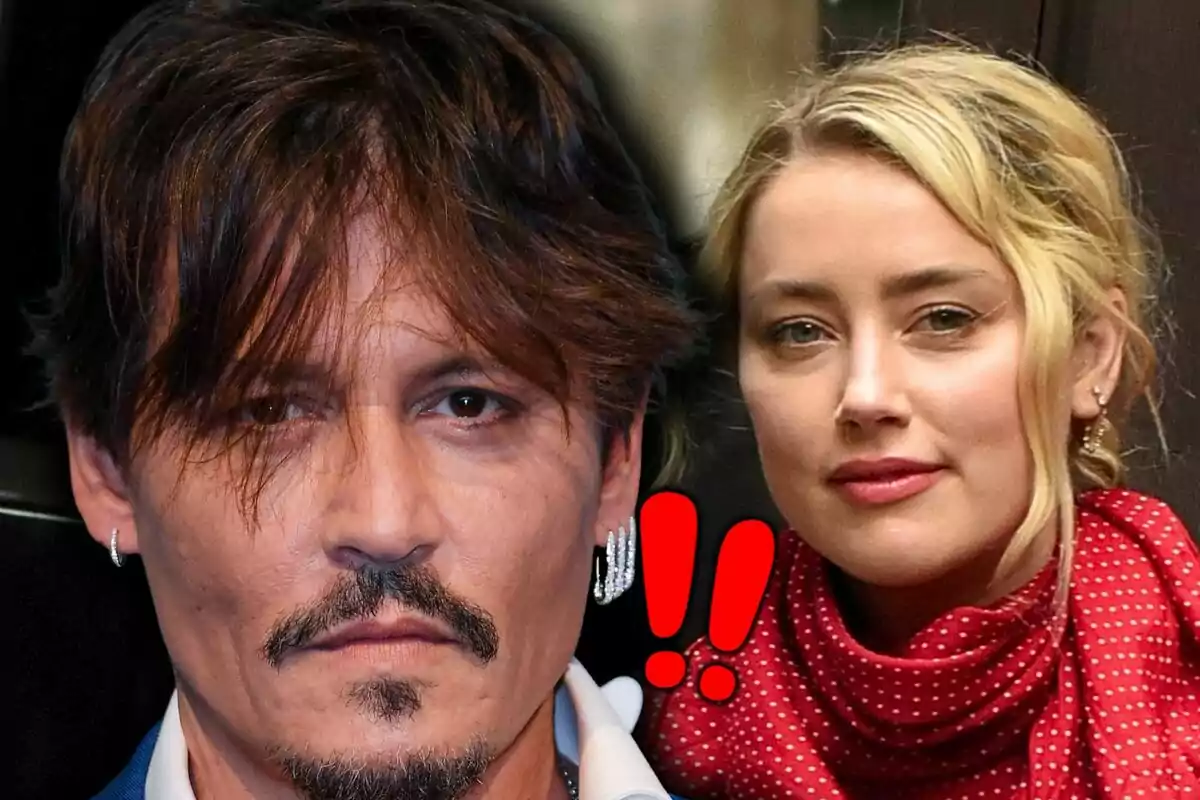 Close-up photo montage of Johnny Depp and Amber Heard, both looking at the camera with red exclamation marks between them.