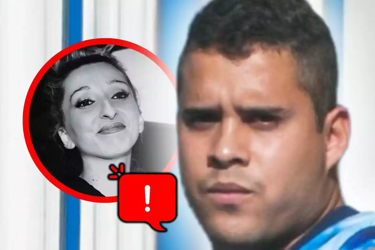 José Fernando con expresión seria en primer plano con un recuadro rojo que muestra el rostro de una mujer sonriente en blanco y negro y un ícono de advertencia, la cual es Michu.