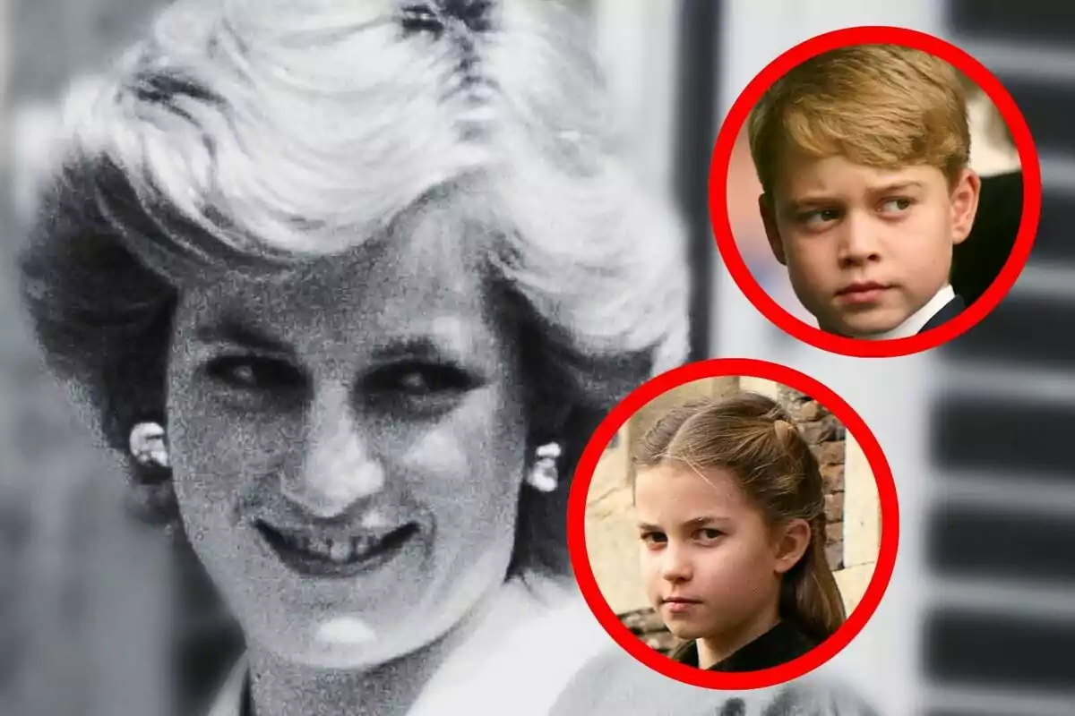 Muntatge de fotos en primer pla de la Lady Di somrient i, al costat, imatges del príncep George i la Charlotte amb rostres seriosos.