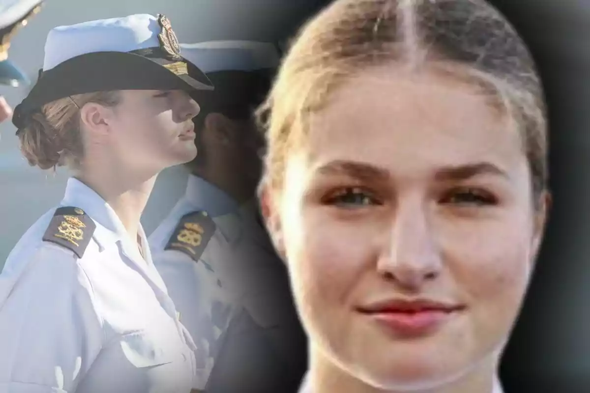 Leonor of Bourbon in a white military uniform and cap, in a montage showing her face in close-up and in profile at a ceremony.