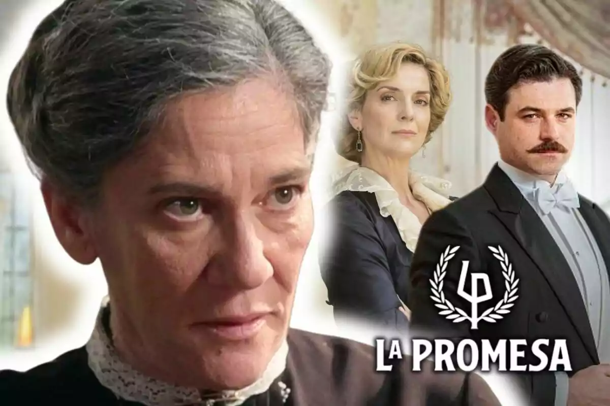 Three characters from the series 'La Promesa' with the production logo in the bottom right corner; one of them, actress Marga Martínez, appears in the foreground.