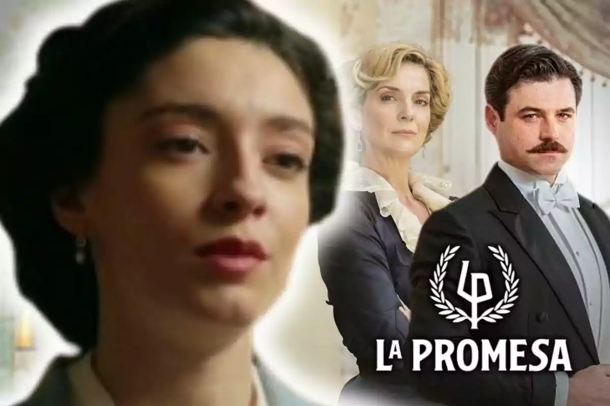 Tres personatges de la sèrie La Promesa apareixen a la imatge, una dona en primer pla amb expressió seriosa —que és l’actriu Marta Costa— i dues persones al fons, un home amb bigoti i una dona rossa, al costat del logotip i el títol de la sèrie.
