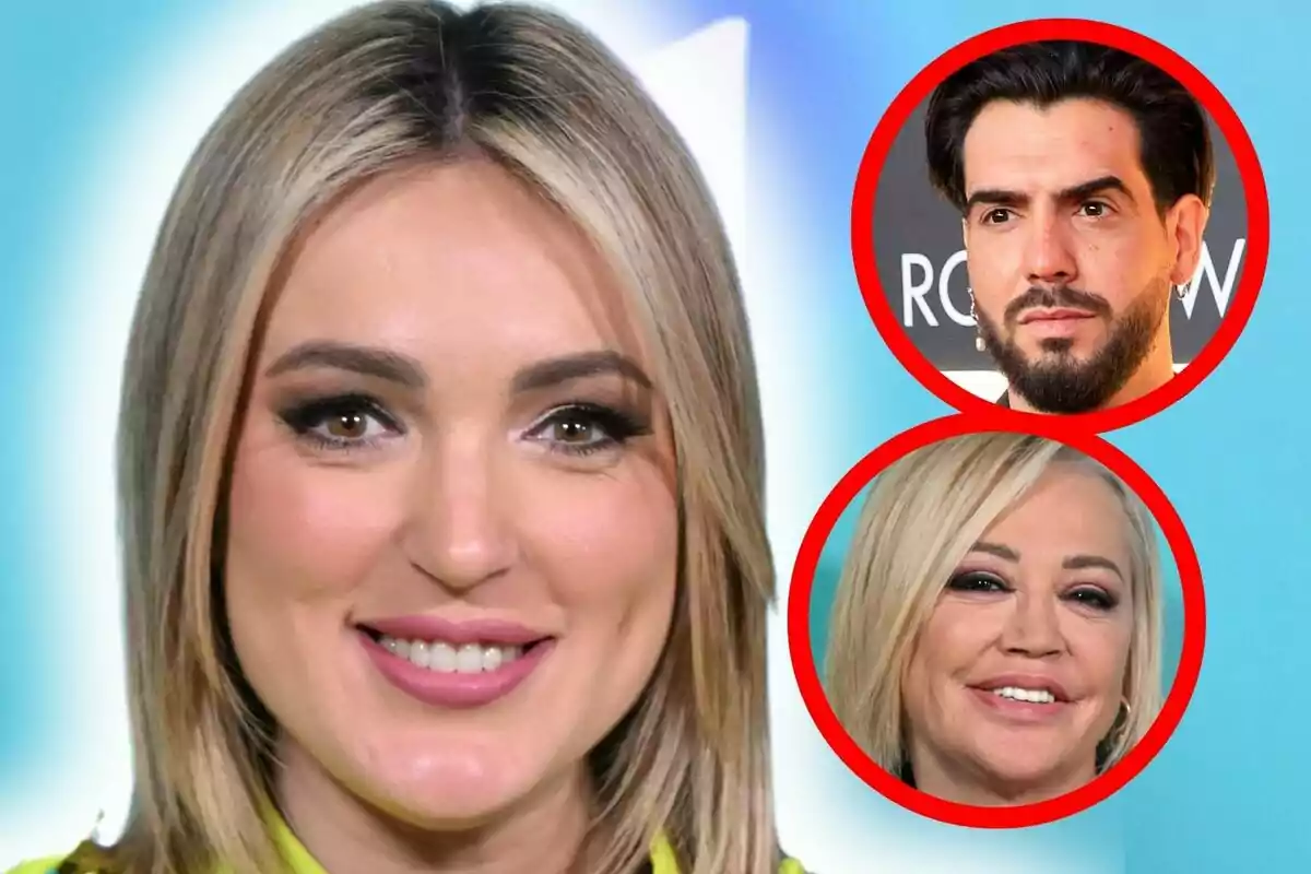 Marta Riesco somriu en primer pla mentre a la cantonada superior dreta apareixen dues cares dins de cercles vermells, un home amb barba, que és Alejandro Caraza, i una dona rossa, que és Belén Esteban.