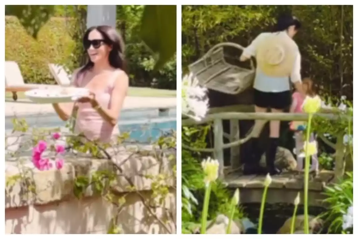 Meghan Markle amb ulleres de sol sostenint una safata al costat d’una piscina i una altra imatge d’ella al costat amb barret i cistell caminant amb una nena, que és la Lilibet, sobre un petit pont envoltat de vegetació i flors. Meghan Markle amb ulleres de sol sostenint una safata al costat d’una piscina i una altra imatge d’ella al costat amb barret i cistell caminant amb una nena, que és la Lilibet, sobre un petit pont envoltat de vegetació i flors.