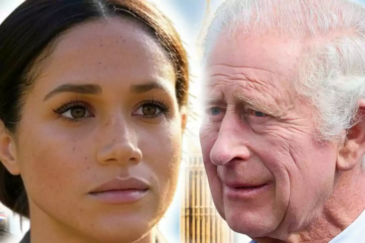 Muntatge de fotos en primer pla de Meghan Markle amb rostre seriós i Carles III amb rostre neutre.