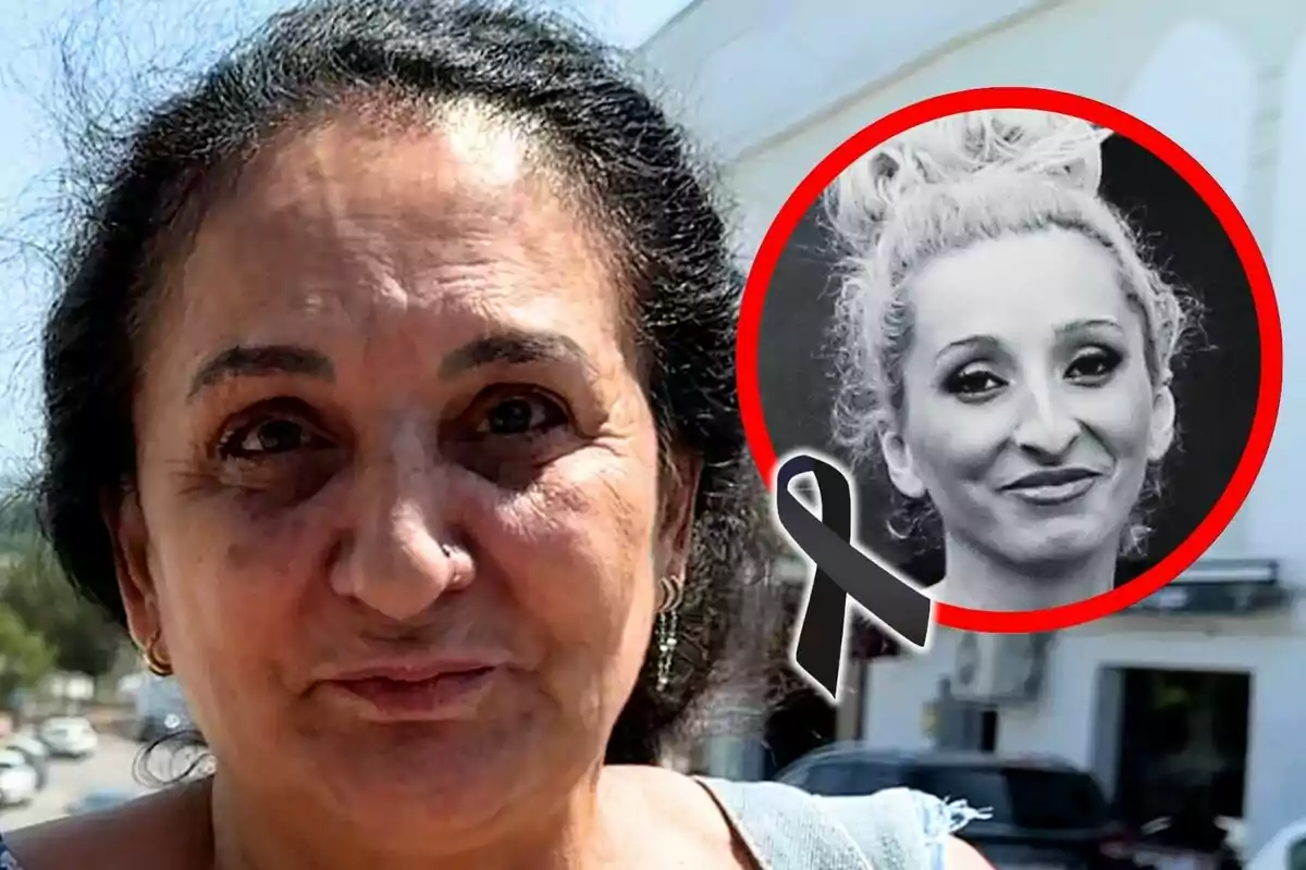 Dona de cabells foscos amb expressió seriosa a l’aire lliure, que és l’Inma, i a la cantonada superior dreta hi apareix un cercle vermell amb la imatge en blanc i negre d’una altra dona i un llaç negre de dol, que és la Michu.