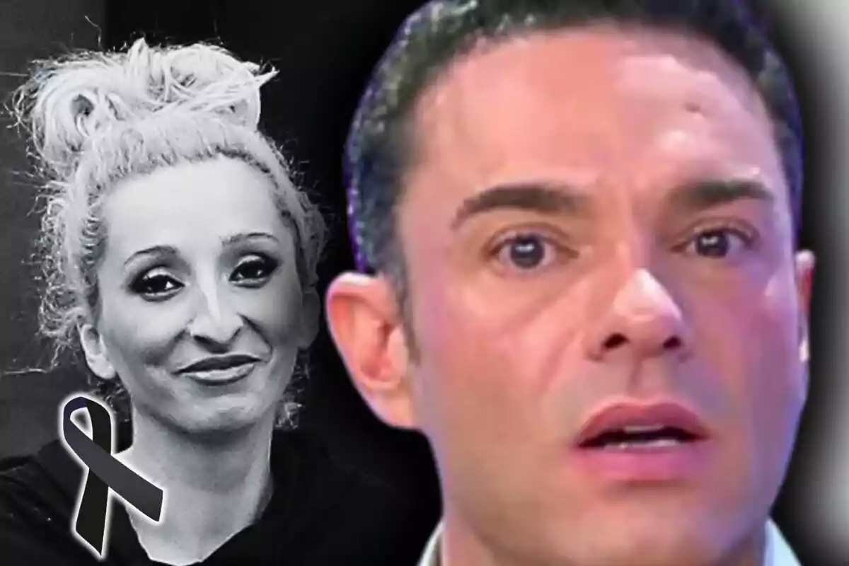 Antonio Rossi amb expressió de sorpresa en primer pla i una dona en blanc i negre al fons amb un llaç negre a la cantonada en senyal de dol, que és la Michu.