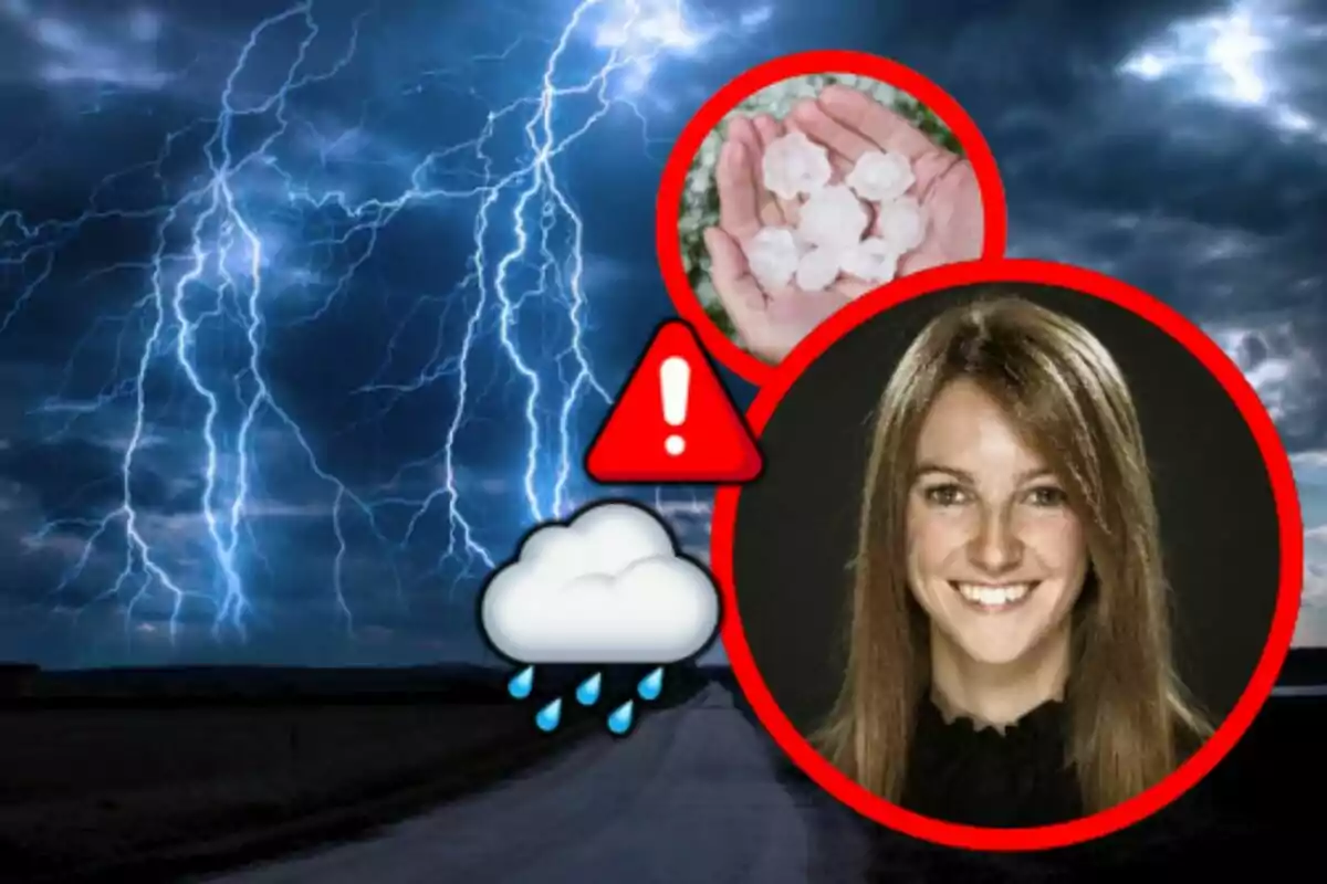 Tempesta elèctrica amb llamps al fons, avís de temps sever amb icones de núvol de pluja, calamarsa en una mà i Mònica Usart somrient emmarcada en un cercle vermell. Tempesta elèctrica amb llamps al fons, avís de temps sever amb icones de núvol de pluja, calamarsa en una mà i Mònica Usart somrient emmarcada en un cercle vermell.