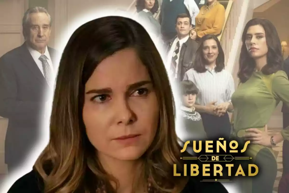 Natalia Sánchez amb expressió seriosa en primer pla amb el títol 'Sueños de Libertad' i diverses persones al fons en una escala.