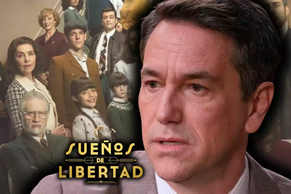 Oriol Tarrasón amb expressió seriosa en primer pla i al fons diversos personatges d’època al costat del títol 'Sueños de Libertad'.