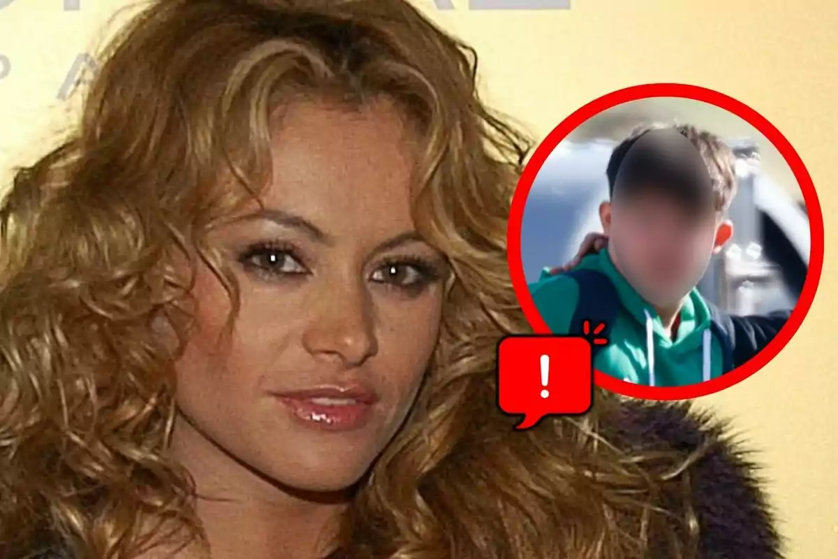 Muntatge de fotos amb Paulina Rubio en primer pla i un requadre vermell que mostra un nen amb la cara difuminada i una icona d’advertència, que és el seu fill, Andrea Nicolás.