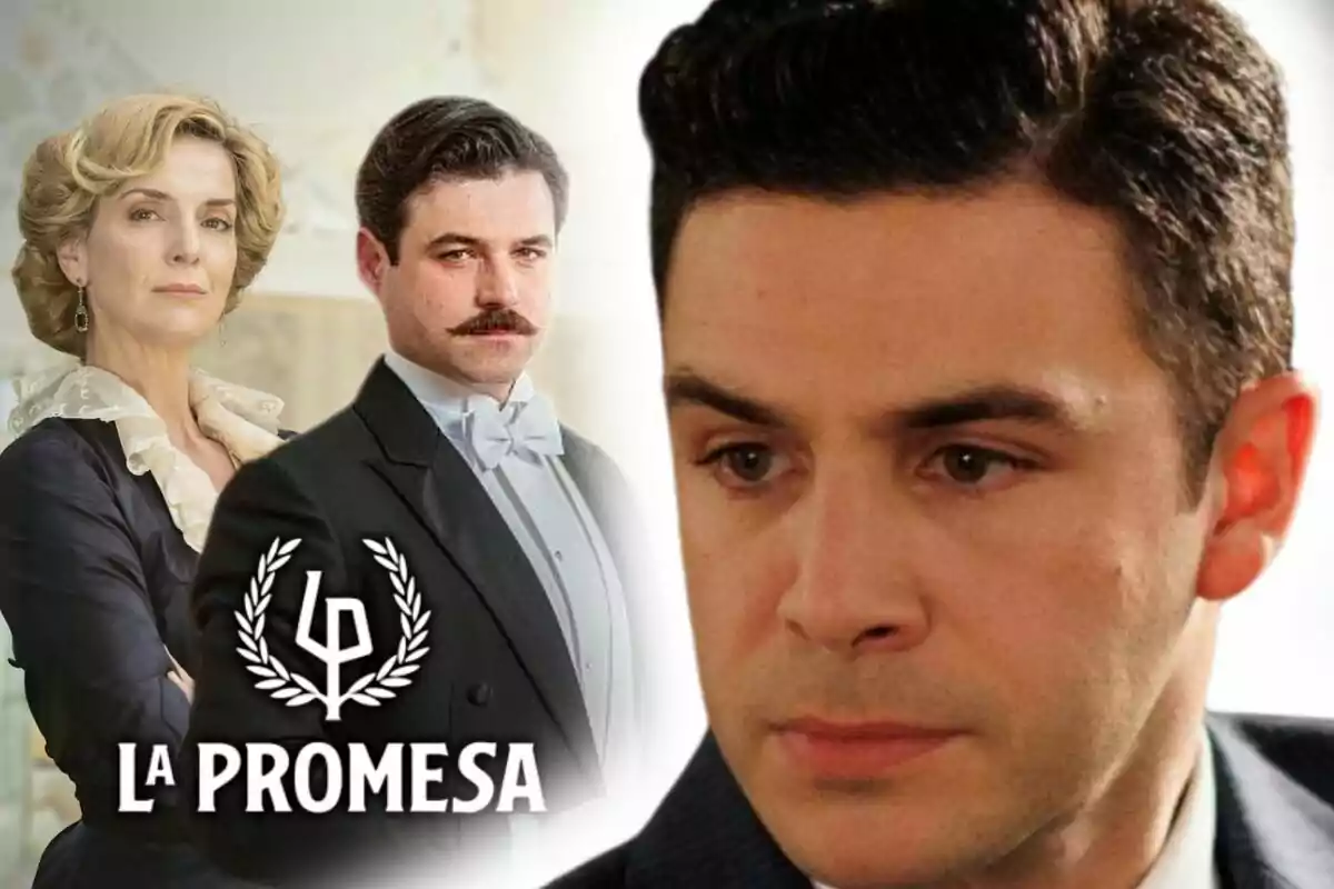 Tres personatges de la sèrie 'La Promesa' apareixen a la imatge, dos d'ells al fons amb vestimenta elegant i un en primer pla amb expressió seriosa; aquest últim és l'actor Pepe Nufrio.