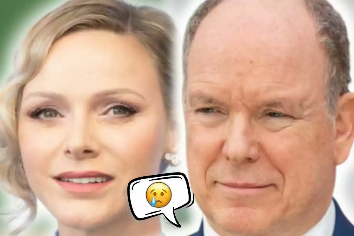 Muntatge de fotos en primer pla de Charlene de Mònaco i Albert de Mònaco, tots dos amb el rostre seriós i amb una bombolla de diàleg que conté un emoji trist entre ells.