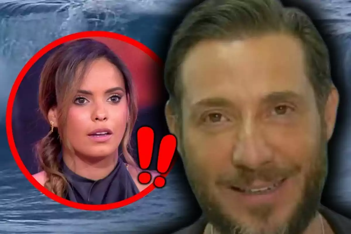 Gloria Camila Ortega amb expressió de sorpresa apareix dins d’un cercle vermell al costat d’Antonio David Flores somrient amb barba, sobre un fons d’aigua i un parell de signes d’exclamació vermells.