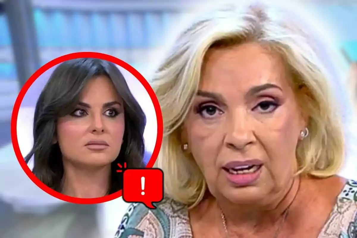 Montaje de fotos de primer plano de Carmen Borrego y Alexia Rivas, ambas con rostro serio en plató.