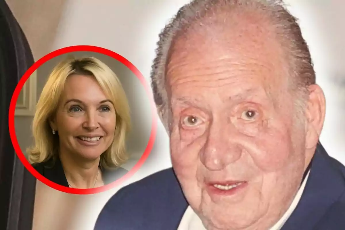 Close-up photo montage of Juan Carlos I and his lover, Corinna Larsen, both in the foreground.