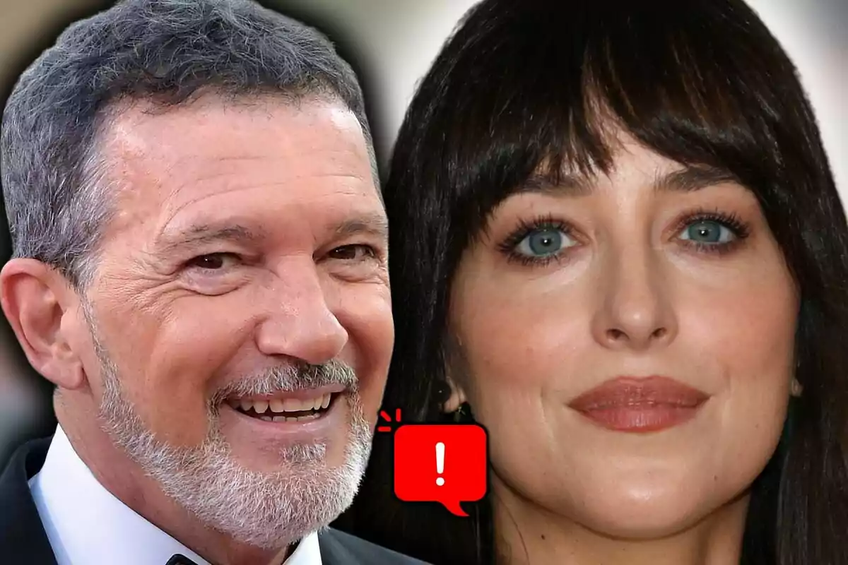 Montaje de fotos de primer plano de Antonio Banderas y Dakota Jonhson con una burbuja roja de advertencia en el centro de la imagen.
