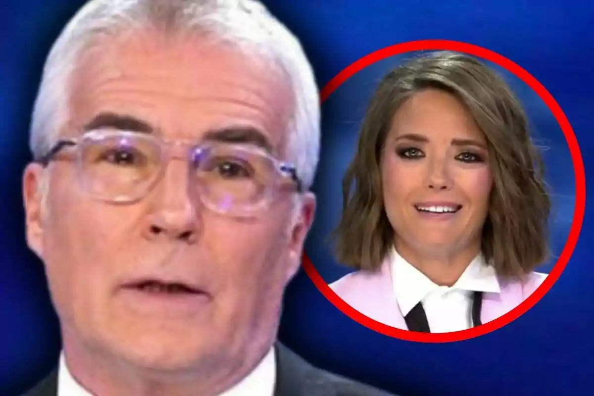 Muntatge de fotos en primer pla de David Cantero i María Casado, tots dos amb rostre neutre en un plató de Mediaset.