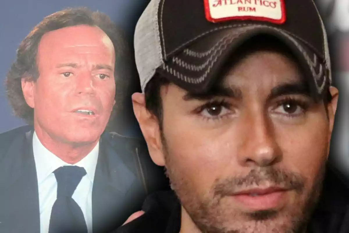Muntatge de fotos en primer pla de Julio Iglesias i Enrique Iglesias, tots dos amb el rostre seriós.