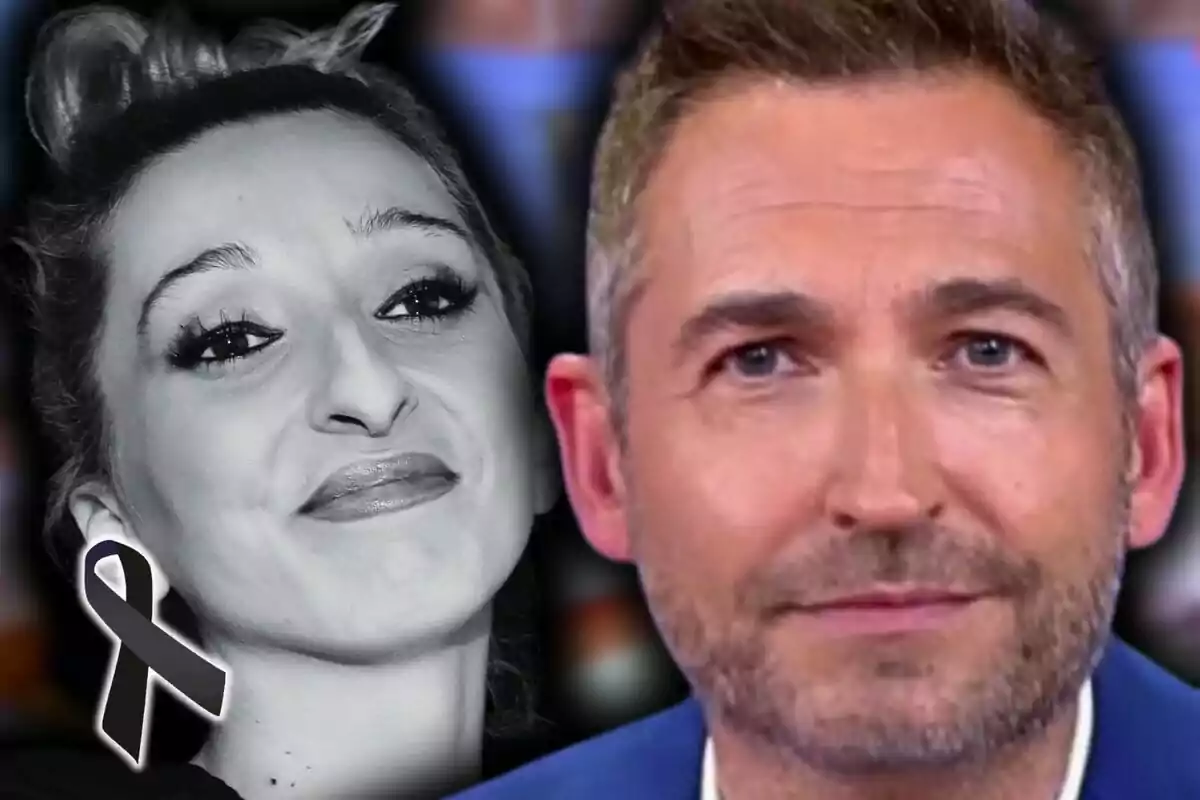Dues persones en primer pla, una dona en blanc i negre amb un llaç negre en senyal de dol, que és la Michu, i un home en color amb expressió seriosa, que és en Frank Blanco.