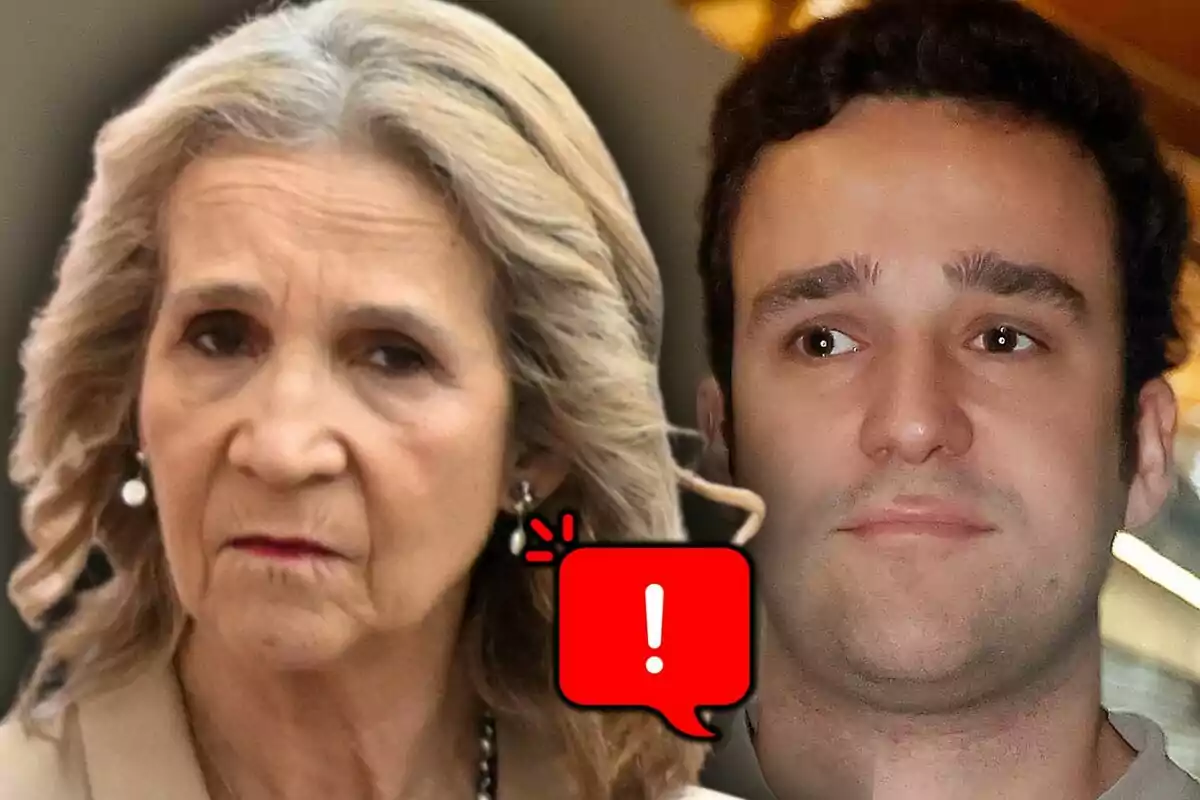 Close-up photo montage of Infanta Elena and Froilán, both with serious expressions and a red warning icon between them.